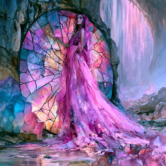 A fantasy digital painting of a woman in a flowing pink gown standing in front of a glowing stained-glass archway, surrounded by vibrant pink and purple crystals and a cascading waterfall.