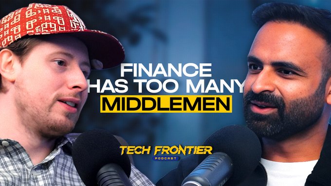 The image features two men wearing hats, with one man speaking into a microphone while the other listens attentively. The background of the image is blue, which appears to be part of an advertisement or promotional material for a podcast. The text on the image reads "Finance has too many Middlemen", and it also mentions that the podcast is called "Tech Frontier".