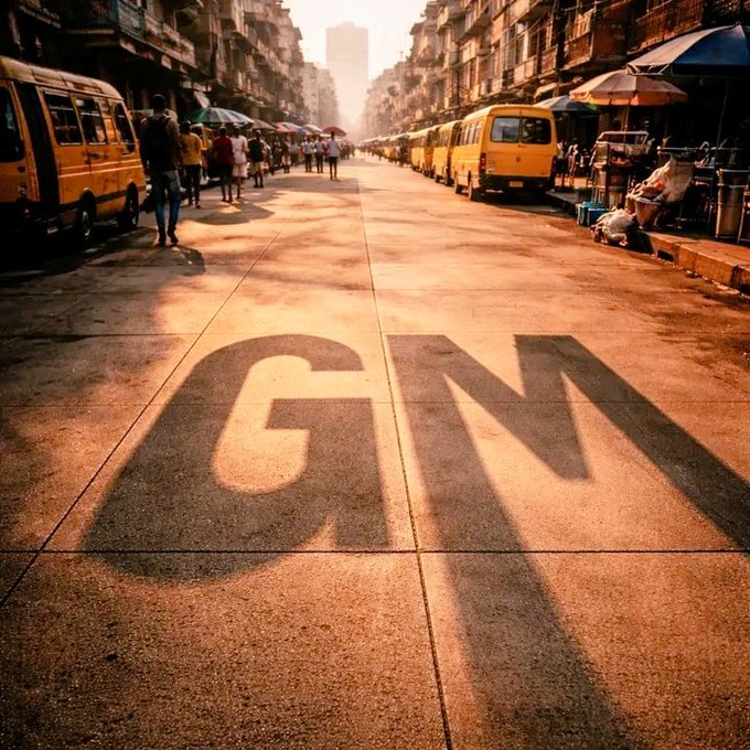 A stylized image shows a bustling street scene with yellow school buses and pedestrians on either side, while the large letters "GM" are prominently cast as a shadow on the road in the foreground.
