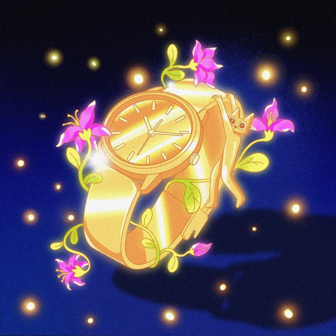A glowing gold wristwatch entwined with vibrant magenta flowers and a small cat floats against a starry dark blue night sky, perfectly capturing the post's whimsical wishlist of wanting the dreamy, enchanted timepiece when $CETS takes off.