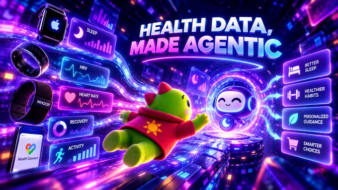 A vibrant promotional graphic titled 'HEALTH DATA, MADE AGENTIC' featuring an axolotl mascot in a hoodie alongside health tracking cards (Sleep, HRV, Heart Rate, Recovery, Activity) and benefits like 'Better Sleep' and 'Healthier Habits.'