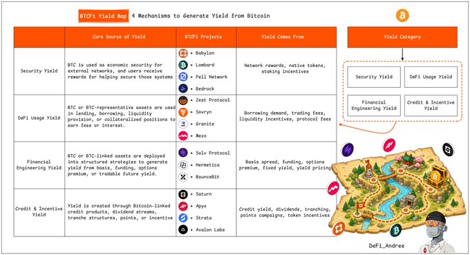 The image displays a computer-generated poster or infographic that illustrates various ways one can utilize Bitcoin as an idle store of value into a productive asset. The visual representation explains how someone can transform idle Bitcoin into a valuable asset, such as turning it into a product like Bitcoinfi Yield or using mining operations to generate cash flow in the cryptocurrency market.