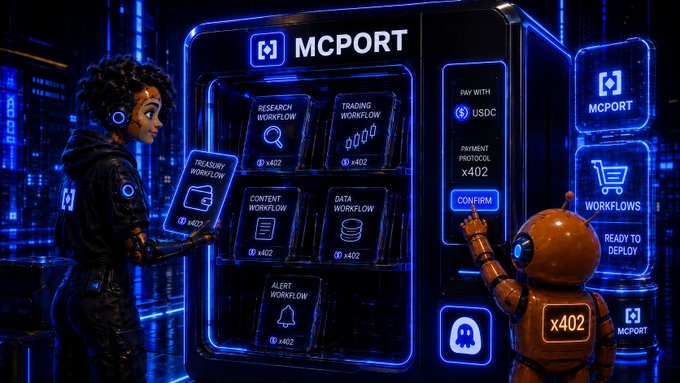 The image depicts a futuristic digital marketplace scene where a person holding a "Treasury Workflow" card and a robot companion labeled "x402" stand before an illuminated "MCPORT" vending-style machine displaying purchasable agent workflows—including Research, Trading, Content, Data, and Alert workflows—each tagged "x402," with a "Pay with USDC" interface on the right and a "Workflows Ready to Deploy" sign. This visually reinforces the post's message about MCPORT being a marketplace where agents (and their builders) can buy pre-made workflows with USDC or monetize their own, launching soon on Base.