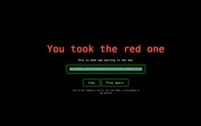 A dark screen with red text 'You took the red one', showing a hex string captioned 'This is what was waiting in the sea.' with Copy and Play again buttons, and a disclaimer at the bottom.