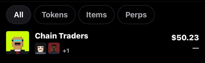 A mobile app screen showing a 'Chain Traders' portfolio filter (All/Tokens/Items/Perps) with a current value displayed at $50.23.