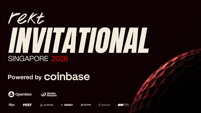 A promotional banner for the "rekt INVITATIONAL" golf tournament taking place in Singapore in 2026, powered by Coinbase. The image features sponsor logos including OpenSea, Wealthy Wisdom, 0xys, VEET, AUROS, Paidby, myriad, Leeward, and Rekt Partner Club, alongside a partial view of a golf ball against a dark red background.