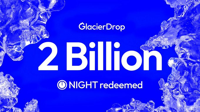 A promotional graphic with a blue background and ice crystal borders reads 'GlacierDrop' at the top, '2 Billion' in large white text in the center, and 'NIGHT redeemed' below.
