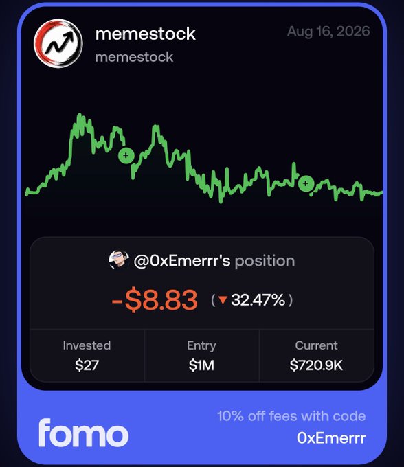 A stock-trading app called 'fomo' displays a chart for 'memestock' (memestock) dated Aug 16, 2026, showing a green line graph and user @0xEmerrr's position at -$8.83 (-32.47%) with an entry of $1M.