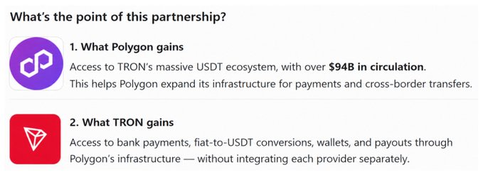 An infographic titled 'What's the point of this partnership?' detailing the mutual benefits between Polygon and TRON, including access to USDT ecosystem and bank payment infrastructure.