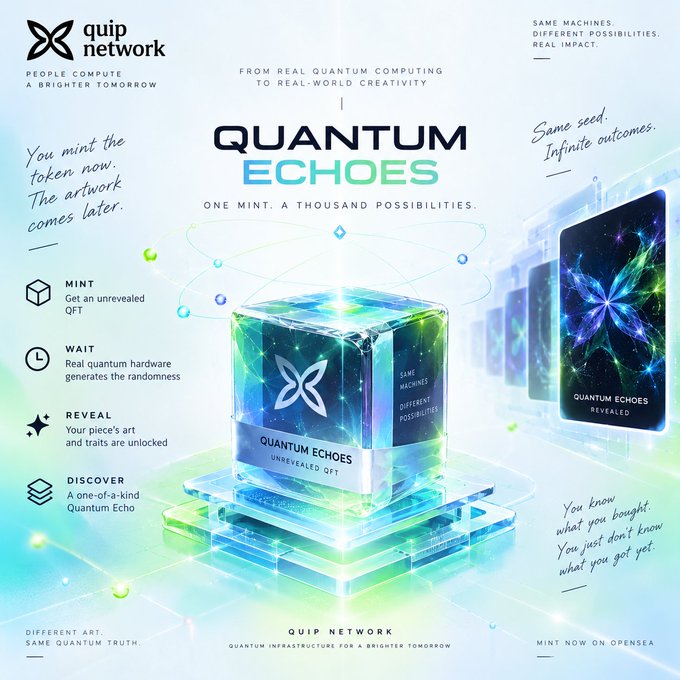 A promotional graphic for QUIP NETWORK advertising 'QUANTUM ECHOES' NFTs, describing a process of minting, waiting, revealing, and discovering, with the tagline 'FROM REAL QUANTUM COMPUTING TO REAL-WORLD CREATIVITY'.