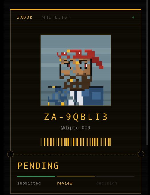 A pixel art whitelist card from 'ZADDR' featuring a character in a red bandana, with the code 'ZA-9QBLI3' and username '@dipto_009', showing a 'PENDING' status with a progress bar at 'review'.