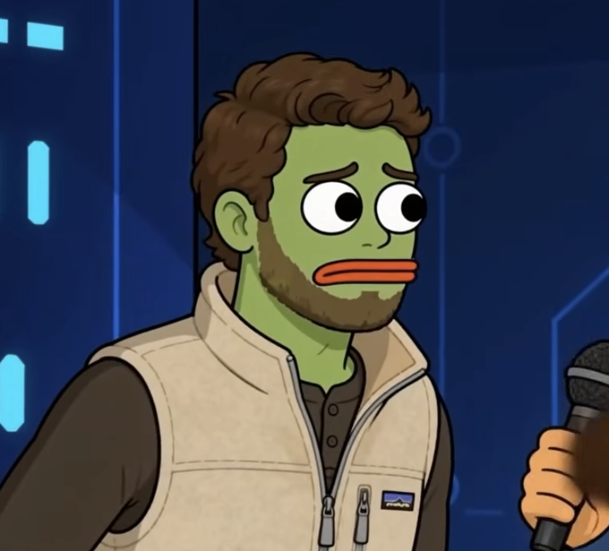 A green-skinned, bearded cartoon character in a vest stands nervously in front of a microphone against a blue tech-themed background, appearing anxious or uncertain. The image likely humorously illustrates the post "have you heard??? grok has money," suggesting skepticism or surprise at the claim about Grok's finances.