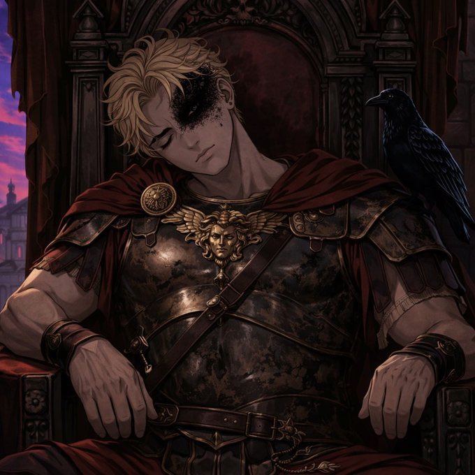 An anime-style illustration depicts a blonde-haired male warrior in Roman-style armor and red cape sleeping in an ornate throne with a black raven perched beside him.