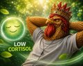 A relaxed chicken wearing sunglasses lounging with hands behind its head in a grassy setting, with a green "LOW CORTISOL" mood indicator in the corner.
