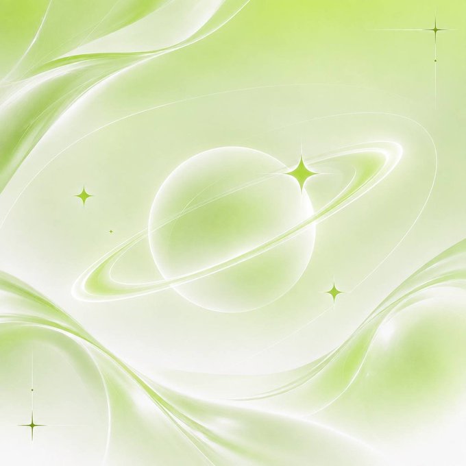 A digital illustration of a glowing green planet with rings, surrounded by stars and swirling green cosmic elements against a light background.