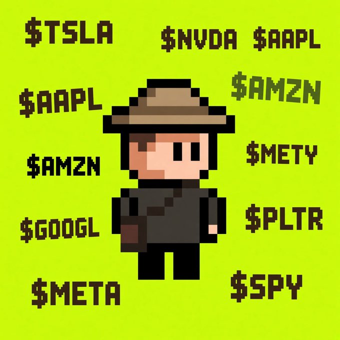 A pixel art illustration of a character wearing a brown hat and black outfit on a green background, surrounded by stock tickers including $TSLA, $NVDA, $AAPL, $AMZN, $METY, $PLTR, $GOOGL, $META, and $SPY.