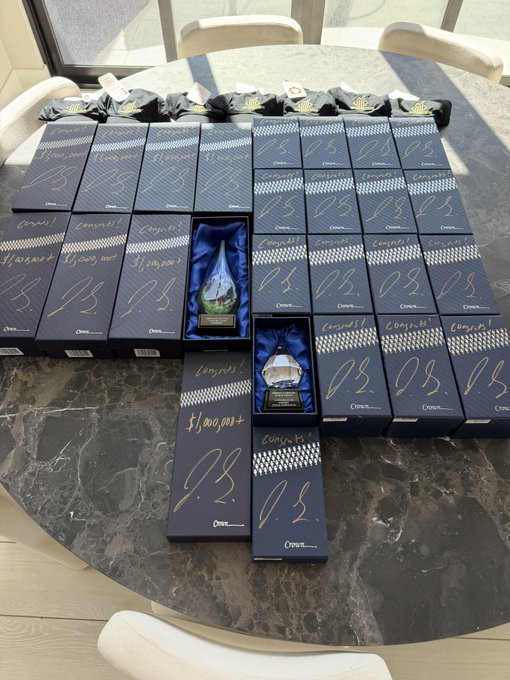 Awards arranged on a round marble table, with two centerpiece trophies alongside numerous "Congrats" boxes labeled "$100,000+" and "$1,000,000+" milestones, celebrating members of the Private Group who achieved significant financial success.