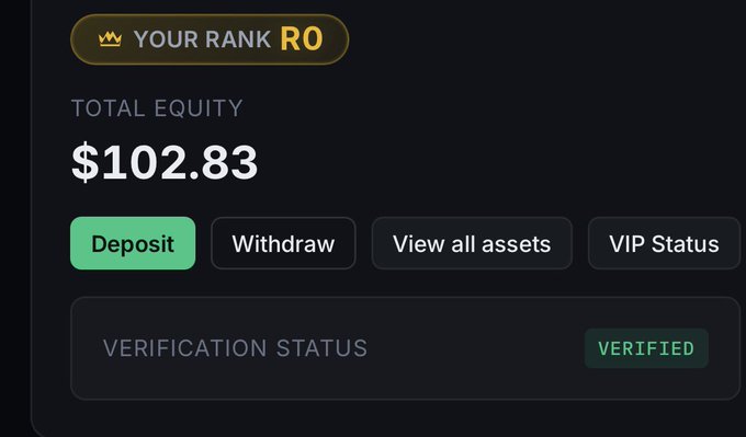 A screenshot of a crypto account dashboard showing R0 rank, total equity of $102.83, with Deposit, Withdraw, View all assets, and VIP Status buttons, plus a "Verified" status. The image reflects the post's "getting paid web3 gigs" theme by displaying the modest earnings balance from freelance crypto work.