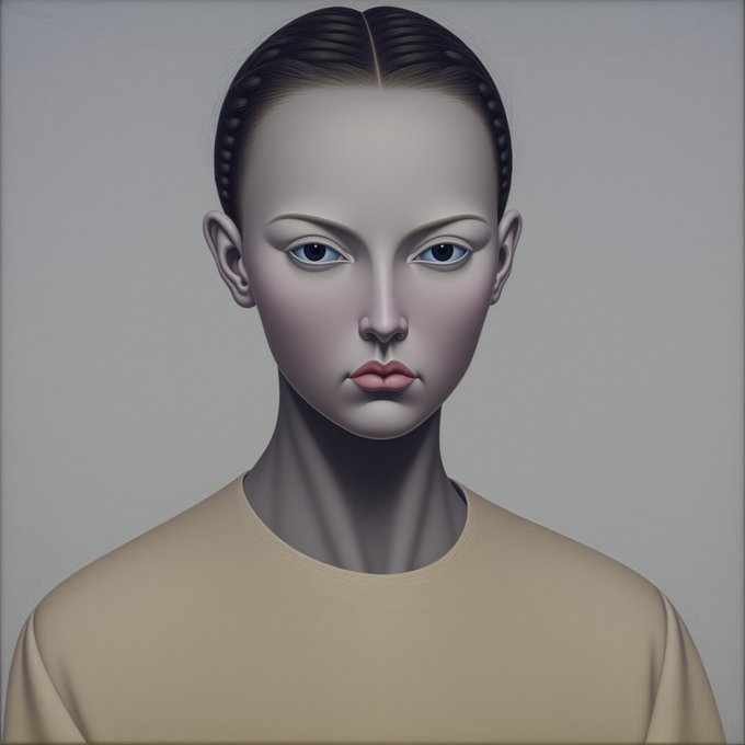 A surreal digital portrait of a woman with slicked-back braided hair, blue eyes, pale skin, and full pink lips, wearing a beige shirt against a gray background.