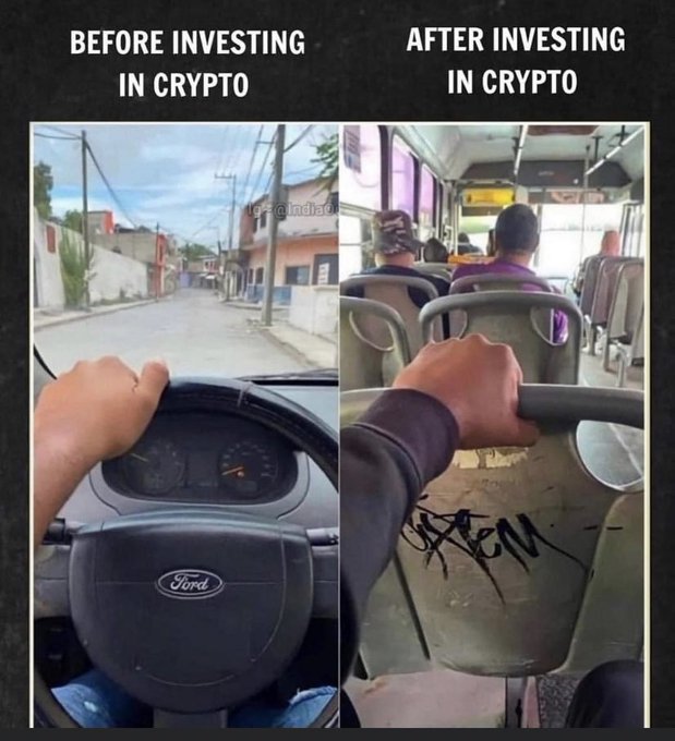 Comparison meme 'Before investing in crypto' (driving a Ford in a nice neighborhood) vs 'After investing in crypto' (riding on a worn, graffiti-covered bus seat).