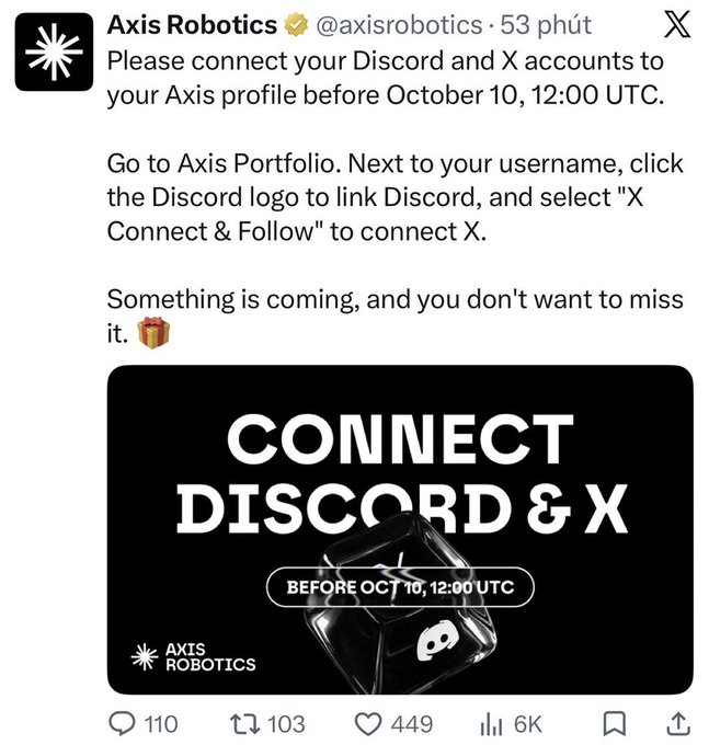 A tweet from Axis Robotics (@axisrobotics) urging users to 'connect your Discord and X accounts to your Axis profile before October 10, 12:00 UTC,' featuring a 'CONNECT DISCORD & X' graphic.