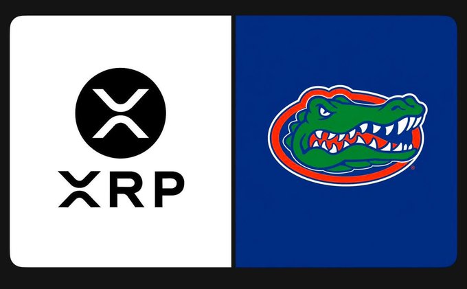Side-by-side comparison of logos: the XRP cryptocurrency logo (a stylized 'X' in a black circle) on the left, and the Florida Gators logo (an alligator head in orange and blue) on the right.