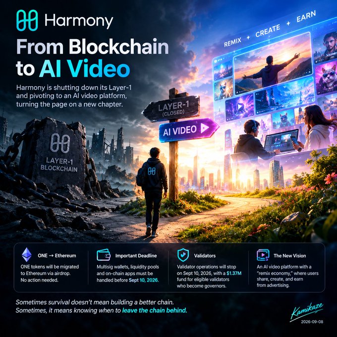 A digital poster titled 'Harmony: From Blockchain to AI Video' announcing the shutdown of its Layer 1 blockchain and pivot to AI video, signed 'Kamikaze 2026-09-08'.
