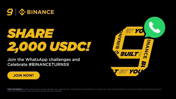 A Binance promotional banner announcing 'SHARE 2,000 USDC!' WhatsApp challenge to celebrate #BINANCETURNS9, with a 'JOIN NOW!' button and standard risk warning.