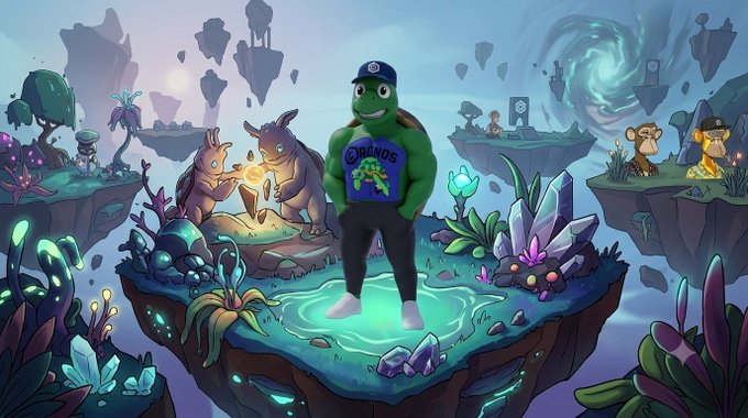 An anthropomorphic Cronos-branded frog mascot stands on a floating island in a vibrant, otherworldly landscape filled with crystals and colorful flora, while two small creatures on a nearby island appear to be examining a glowing NFT-like object. The frog wears a black cap and a blue tank top displaying the "Cronos" logo, visually emphasizing Cronos's NFT collection as a competitor to OthersideMeta's offerings. The whimsical, fantasy setting aligns with the post's question about whether Cronos NFTs can rival the chain collections integrated into the OthersideMeta metaverse.