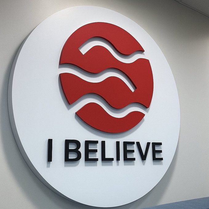 A 3D circular sign on a white wall features a red logo of three curved, wave-like shapes above the black text 'I BELIEVE'.