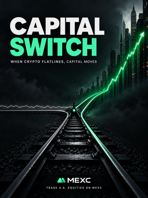 A MEXC advertisement titled 'CAPITAL SWITCH' with the tagline 'WHEN CRYPTO FLATLINES, CAPITAL MOVES' and 'TRADE U.S. EQUITIES ON MEXC', depicting a glowing green rising arrow over train tracks leading into a dark city skyline.