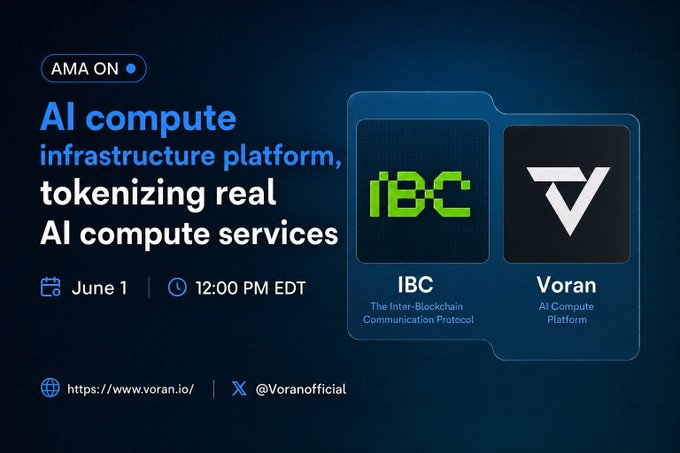 The image features a promotional poster for an event related to AI computing, specifically focusing on tokenizing real data. The poster includes two logos - one representing IBM (IBM Corporation) and the other representing Vornan (Vornan Group). The text on the poster highlights the partnership between AMA and IBM/Vornan in discussing AI compute infrastructure and RWA tokenization. The event is scheduled for June 1st, 12:00 PM to 12:00 PM, with a stream link provided for those who want more information about the topic.