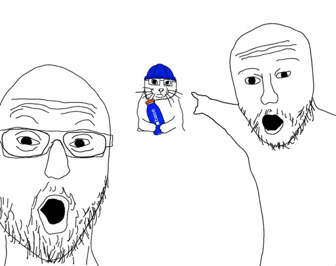 A crude Wojak-style drawing shows a shocked bearded man on the left, a smug-looking cat in the center wearing a blue beanie and holding a "base" bottle, and an excited, yelling Wojak on the right pointing at the cat—meme-style imagery used to hype the Base ecosystem's affection for builders and cats in the "trenches."