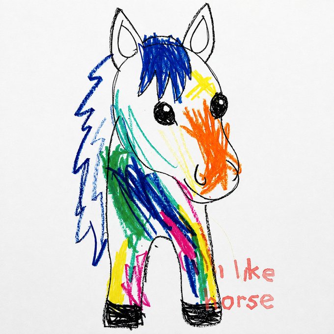 A child's crayon drawing of a white horse with a colorful rainbow mane and face markings, accompanied by the handwritten text 'I like horse'.