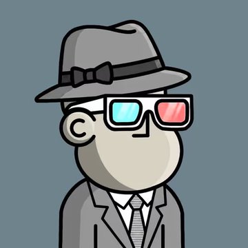 A minimalist cartoon character wearing a gray fedora, suit, and tie, sporting red-and-blue 3D glasses.