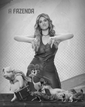 A black and white promotional image for 'A FAZENDA' (Brazilian reality TV show) featuring a young woman in a leather outfit standing with thumbs down, surrounded by small animal figures including a pig and chickens.