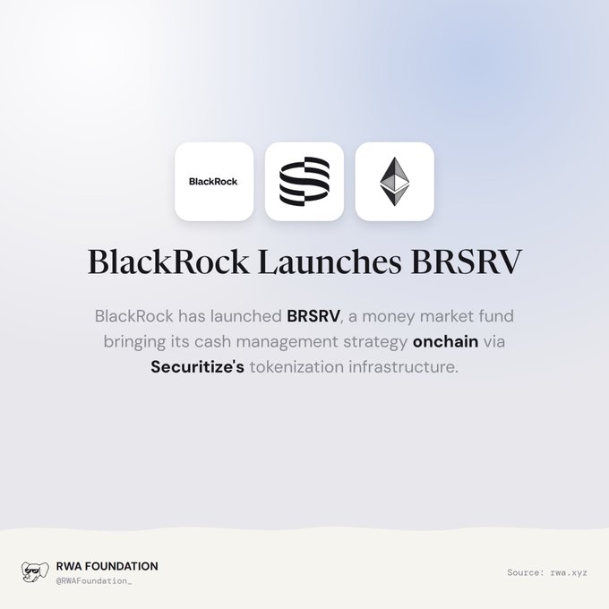 A light blue and white announcement graphic titled 'BlackRock Launches BRSV' from RWA Foundation, featuring logos for BlackRock, Securitize, and Ethereum, stating the money market fund brings BlackRock's cash management strategy onchain via Securitize's tokenization infrastructure.