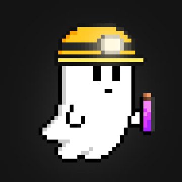 A pixel art illustration of a small white ghost wearing a yellow miner's helmet with a light and holding a purple vial against a black background.