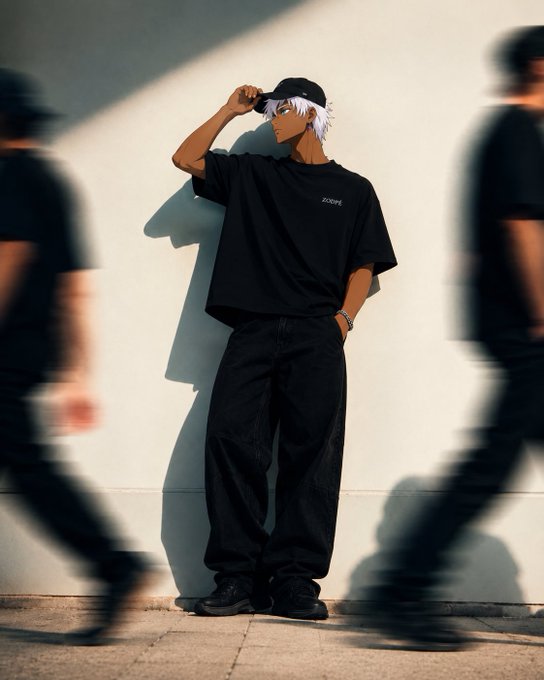 A stylized photo of a young man with white hair wearing a black cap, black t-shirt, and loose black pants, standing against a wall with motion-blurred figures walking past him on both sides.