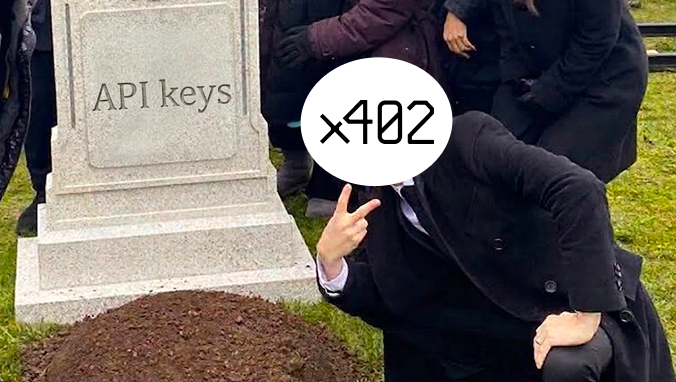 The image is a meme showing a funeral scene where a tombstone labeled "API keys" stands over an open grave, while a man in a suit kneels and flashes a peace sign as if posing for a photo, with "x402" overlaid on his obscured face. This relates to the post about "headless flows," humorously suggesting that without API keys (the "head"), automated workflows can't function—much like the faceless, kneeling figure representing a broken or unfinished process.