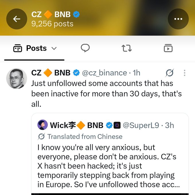 A screenshot of CZ's (@cz_binance) X profile showing 9,256 posts, where he clarifies "Just unfollowed some accounts that has been inactive for more than 30 days, that's all," along with a quoted translated post from Wick (@SuperL9) reassuring followers that CZ's account hasn't been hacked. This directly supports the caption by showing CZ's official explanation for his mass unfollow being due to 30-day account inactivity.