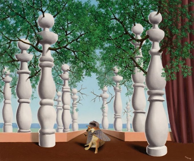 A surreal Magritte-inspired scene where a small dog wearing a detective's hat and cape sits in a forest of giant white chess pawns, playfully illustrating the "$pipedog" token by replacing the iconic pipe with a pipe-smoking pup.
