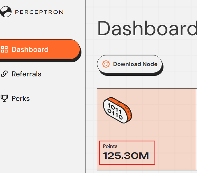 A screenshot of the Perceptron Dashboard displays a "Download Node" button and 125.30M points earned, highlighting significant community engagement as users await the anticipated $PERC TGE and airdrop announcement.