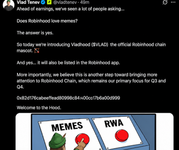 A tweet by Vlad Tenev (@vladtenev, 49m) addressing Robinhood memes, stating "Does Robinhood love memes? The answer is yes," and announcing the introduction of Vladhod ($VLAD), the official Robinhood chain mascot.