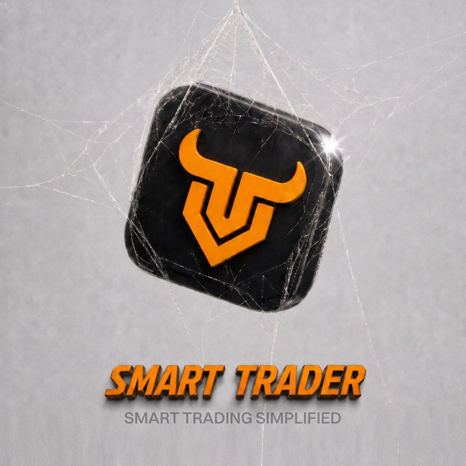 A logo design featuring a stylized orange bull's head on a dark rounded square background with cracked glass effects, captioned 'SMART TRADER' and 'SMART TRADING SIMPLIFIED'.