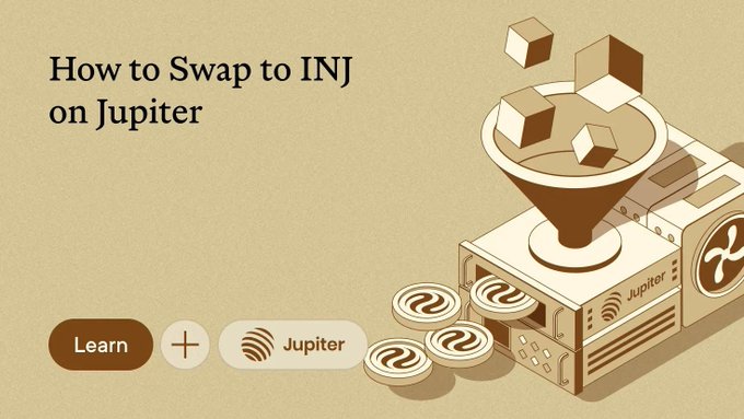 An illustrated advertisement titled 'How to Swap to INJ on Jupiter' featuring a 3D rendering of a machine processing tokens and a 'Learn + Jupiter' button.