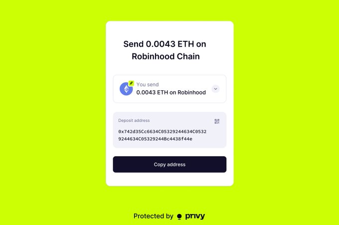 This image shows a Privy interface for sending 0.0043 ETH on Robinhood Chain, featuring a deposit address and a "Copy address" button, aligning with the post's announcement of Privy's new Robinhood Chain integration.