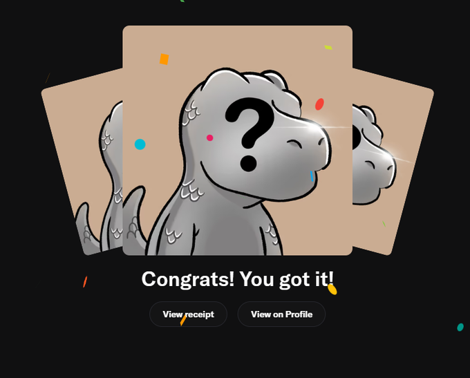 A digital illustration of a gray creature with a black question mark on its face, displayed on cards with confetti and the text 'Congrats! You got it!' alongside 'View receipt' and 'View on Profile' buttons.