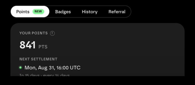 The image shows a points dashboard indicating the user has accumulated 841 points, with the next settlement scheduled for Monday, August 31 at 16:00 UTC. A "NEW" Points tab is highlighted, supporting the post's claim about @axisrobotics rewarding users where each point equals $1.