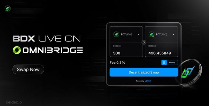 A promotional banner for 'BDX LIVE ON OMNIBRIDGE' showing a decentralized swap interface powered by Beldex.io, with a deposit of 500 BDX yielding 496.435849 BDX(BSC) at a 0.3% fee.